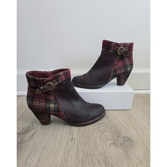 L'artiste Spring Step Scottala Burgundy Red Leather Zip Plaid Ankle Boots 39 8.5 - Picture 1 of 14